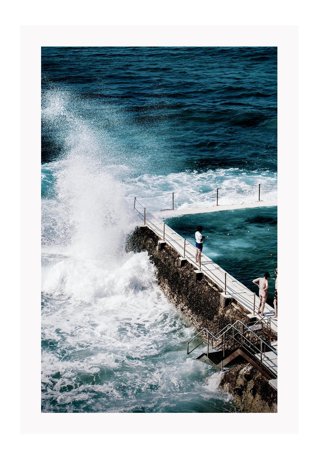 Sydney beach water ocean print with blue white wash waves splashing on pool vintage coast